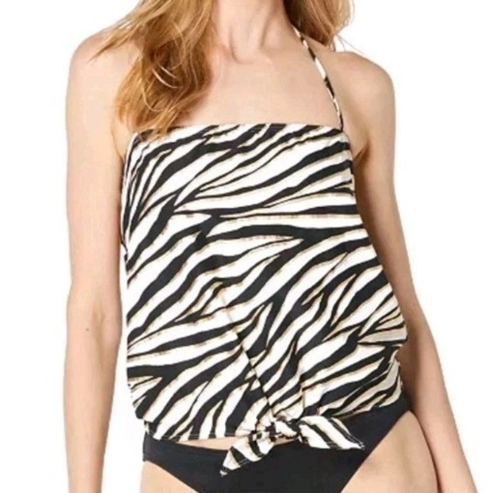 Michael Kors Tankini Swim Top Small Black Gold Zebra Print‎ Halter NWT
